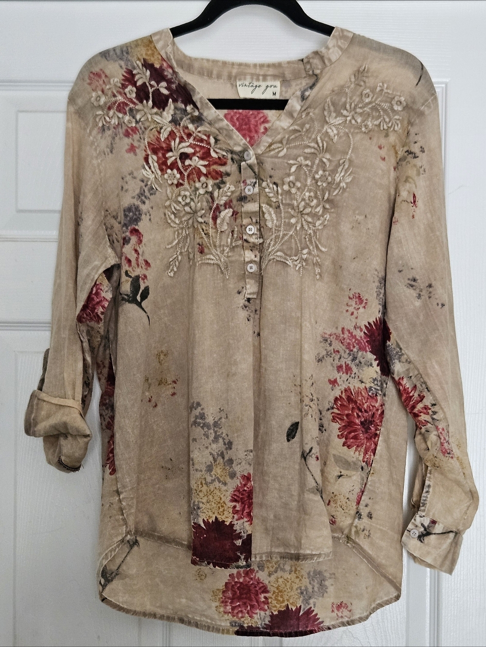 VINTAGE GOA Embroidered Floral Top 100% Cotton Boho Sz MED Pre-Owned EUC